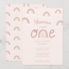 Convites Rapariga Pastel Rosa Arco-Íris Nuvens Primeiro Ani