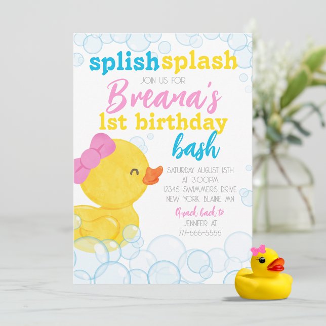 Convites Rapariga Pato-de-Borracha Espalha Borracha Anivers (Girl Rubber Duck 1st Birthday Party Invites. Available printed with envelopes or digital download)