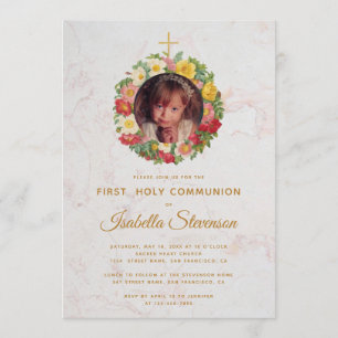 Convites Rapariga Primeira Comunhão Foto Rosa Wreath Marble