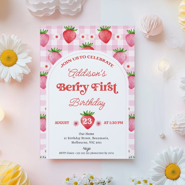 Convites Rapariga Red Daisy Strawberry Berry primeiro anive (Modern Strawberry Berry First Birthday Invitation Template, Girls Berry 1st Birthday Invitation,)