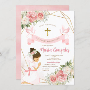 Convites Rapariga Rezando Dourada Primeira Sagrada Comunhão