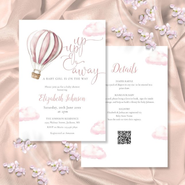 Convites Rapariga Rosa De Balão De Ar Quente, Tudo Em Um Ch (Pink Hot Air Balloon Girl All In One Baby Shower I Invitation)