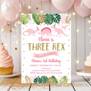 Convites Rapariga Rosa Dinossauro TRÊS REX Aniversário