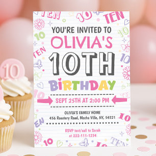 Convites Rapariga Rosa Dodle 10º Aniversário