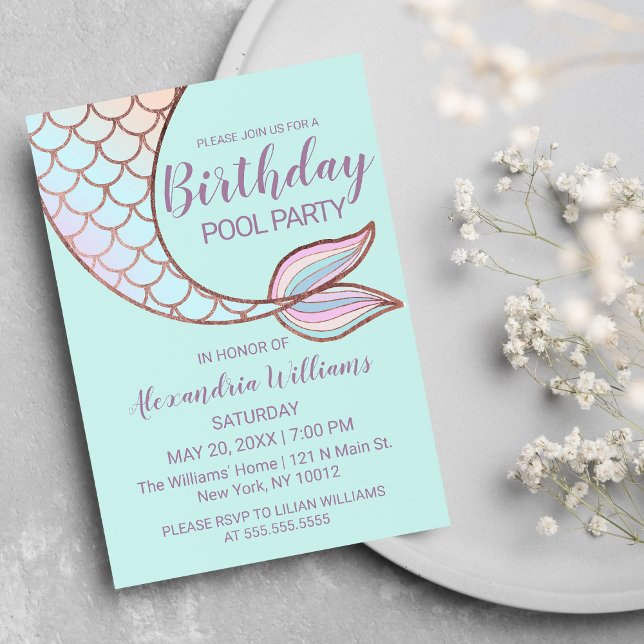 Convites Rapariga Rosa Dourada Mint Mermaid Tail Piscina An (Girly Rose Gold Mint Mermaid Tail Pool Birthday Invitation)