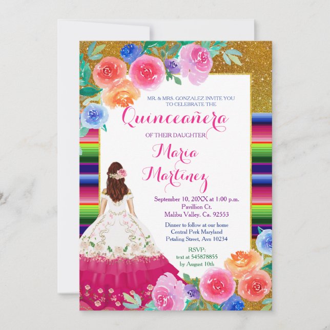 Convites Rapariga rosa mexicana, Quinceañera, Aniversário D (Frente)