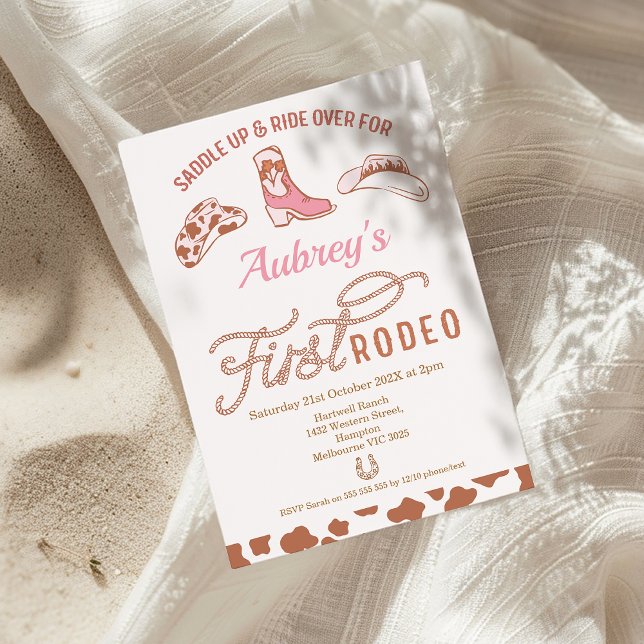 Convites Rapariga-Rosa-Rosa-Russa Primeiro primeiro anivers (Pink Cowgirl First Rodeo Birthday Invitation, Western First Rodeo 1st Birthday Invite, Wild West)