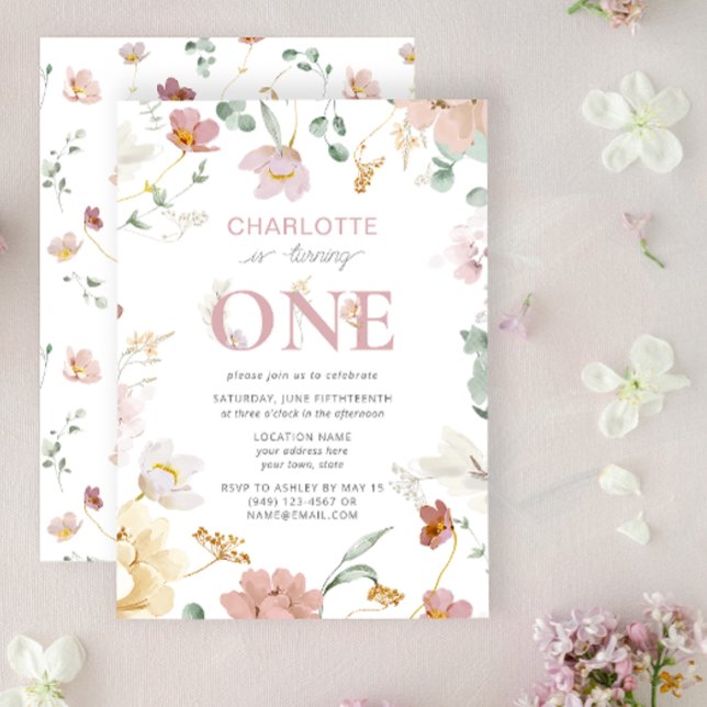 Convites Rapariga Rosa Wildflower Transformando Um primeiro (1st Birthday Invitation)