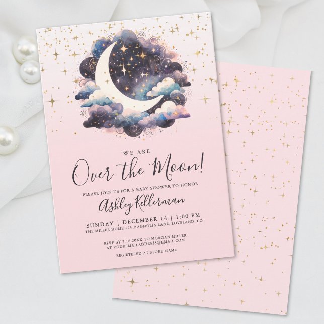 Convites Rapariga Sobre O Chá de fraldas Da Lua (Girl Over The Moon Baby Shower Invitation)