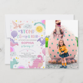 Convites Rapariga Stomp & Roar Dinossauro Foto de Aniversár