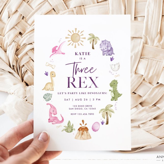 Convites Rapariga Três Rex Dinossauro aniversário de 3 anos (Girl Three Rex Invitation)
