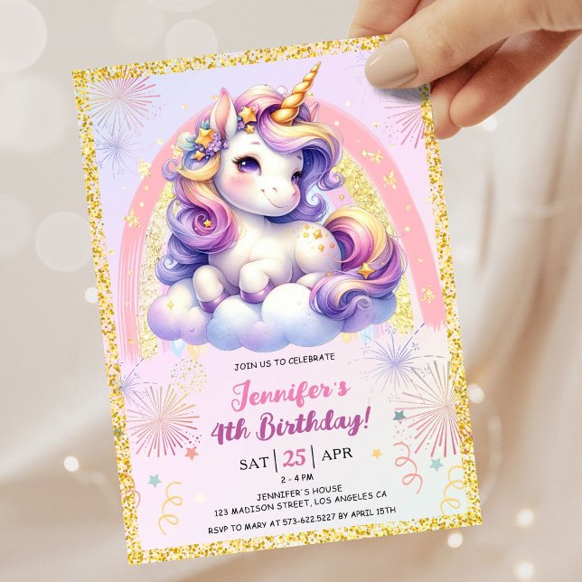 Convites Rapariga Unicorle Púrpura Rosa e Dourada 4ª Festa  (#UnicornBirthdayInvitation #UnicornBirthdayInvitationTemplate #UnicornBirthdayInvitationEditable 
)