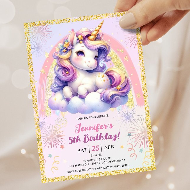 Convites Rapariga Unicorn Rosa Púrpura e Festa de aniversár (#UnicornBirthdayInvitation #UnicornBirthdayInvitationTemplate #UnicornBirthdayInvitationEditable )