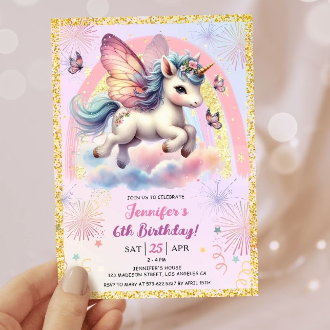 Convites Rapariga Unicórnio Dourado, 6 Rosa Rosa (#UnicornBirthdayInvitation #UnicornBirthdayInvitationTemplate #UnicornBirthdayInvitationEditable)