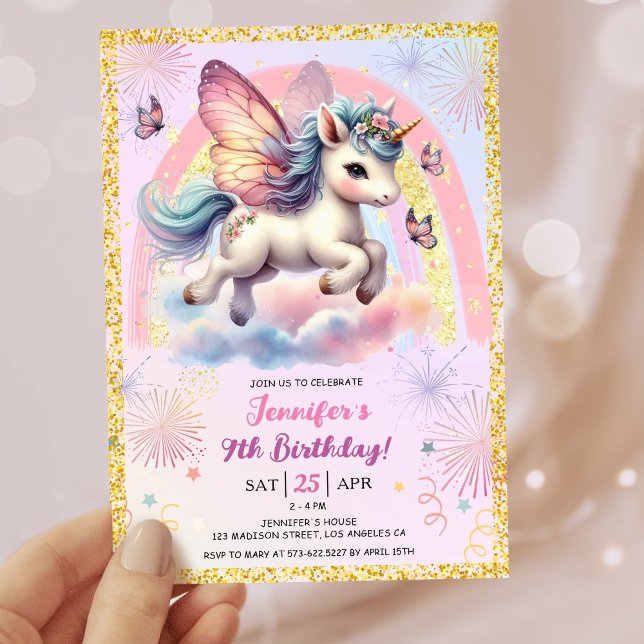 Convites Rapariga Unicórnio Dourado, brilhante, cor-de-rosa (#UnicornBirthdayInvitation #UnicornBirthdayInvitationTemplate #UnicornBirthdayInvitationEditable)