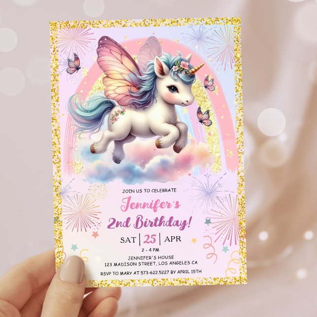 Convites Rapariga Unicórnio Dourado Festa de segundo aniver (#UnicornBirthdayInvitation #UnicornBirthdayInvitationTemplate #UnicornBirthdayInvitationEditable 
)