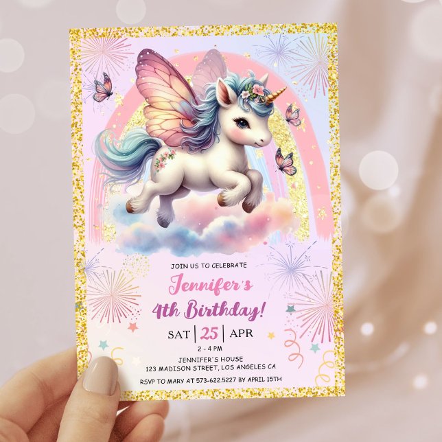 Convites Rapariga Unicórnio Dourado Glitter Rosa 4º Festa d (#UnicornBirthdayInvitation #UnicornBirthdayInvitationTemplate #UnicornBirthdayInvitationEditable 
)