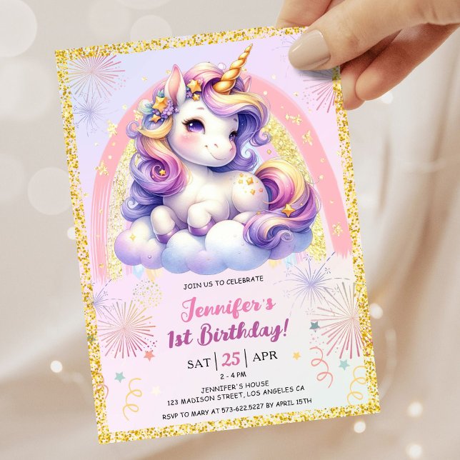 Convites Rapariga Unicórnio Púrpura Festa de primeiro anive (#UnicornBirthdayInvitation #UnicornBirthdayInvitationTemplate #UnicornBirthdayInvitationEditable 
)