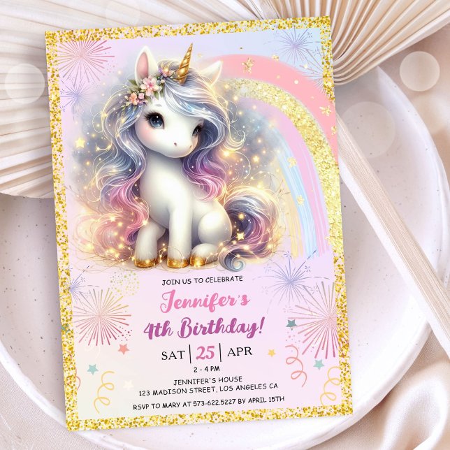 Convites Rapariga Unicórnio Rosa Dourada, Brilhante 4º Fest (
#UnicornBirthdayInvitation #UnicornBirthdayInvitationTemplate #UnicornBirthdayInvitationEditable)