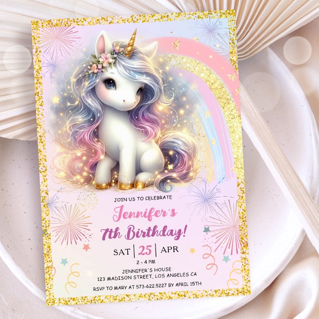 Convites Rapariga Unicórnio Rosa Dourada Festa de aniversár (#UnicornBirthdayInvitation #UnicornBirthdayInvitationTemplate #UnicornBirthdayInvitationEditable)