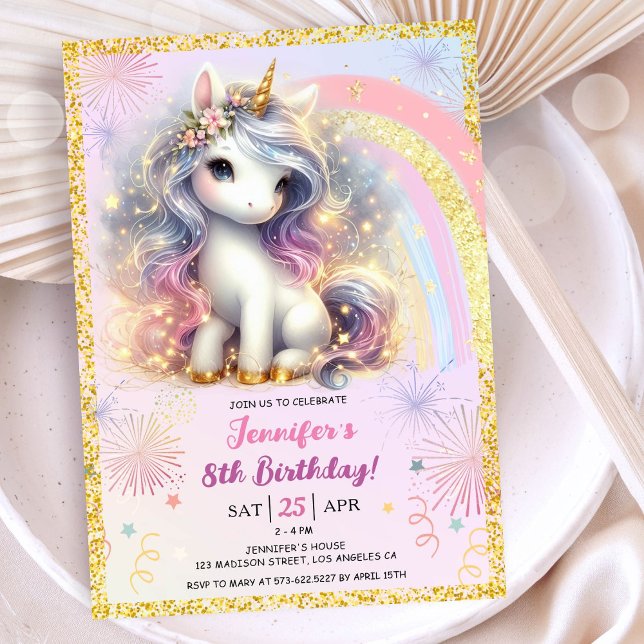 Convites Rapariga Unicórnio Rosa Dourada Glitter 8ª Festa d (#UnicornBirthdayInvitation #UnicornBirthdayInvitationTemplate #UnicornBirthdayInvitationEditable )