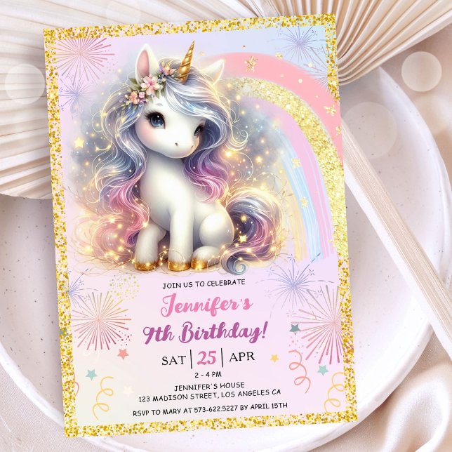 Convites Rapariga Unicórnio Rosa Dourada, Luminosa 9ª Festa (#UnicornBirthdayInvitation #UnicornBirthdayInvitationTemplate #UnicornBirthdayInvitationEditable 
)