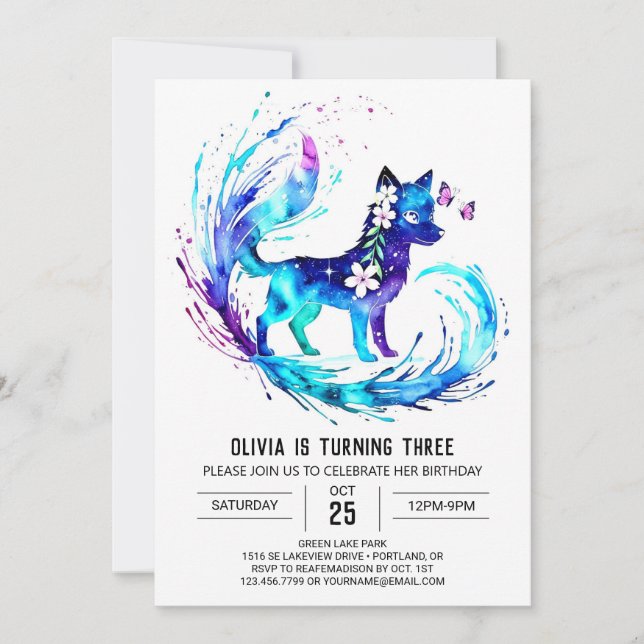 Convites Rapariga Whimsical Wolf Digital Girl Aniversário (Frente)