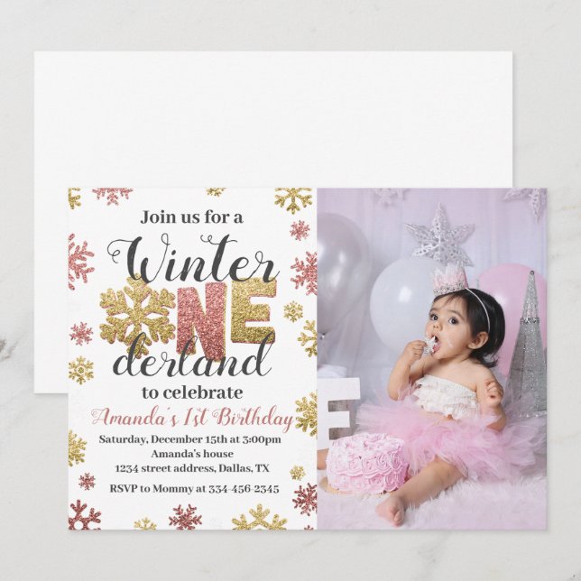 Convites Rapariga Winter Onederland Birthday Invitation Pho (Frente/Verso)