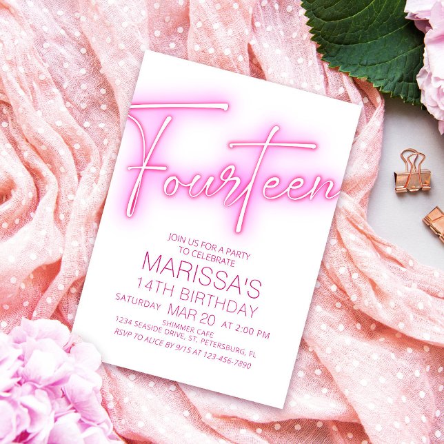 Convites Raparigas 14 Neon Teen Birthday (Criador carregado)