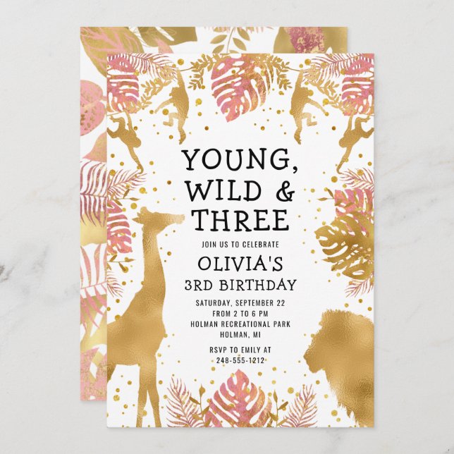 Convites Raparigas aniversário de 3 anos cor-de-rosa Dourad (Frente/Verso)