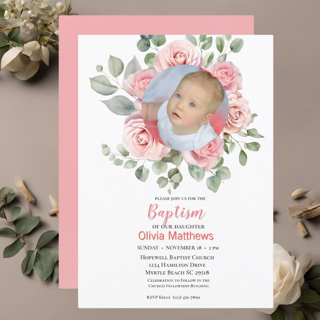 Convites Raparigas Batismo Fotografam Rosas Rosa (Criador carregado)