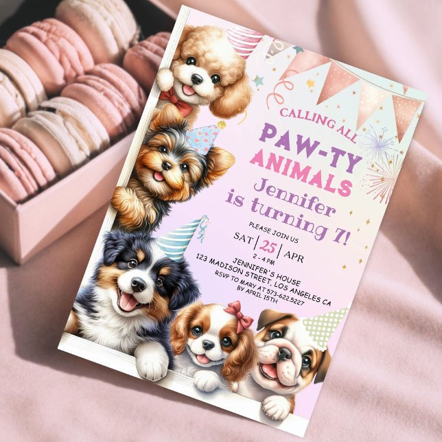 Convites Raparigas Cachorro Puppy 7 Aniversário (Criador carregado)