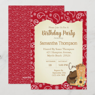 Convites Raparigas Cowboy Aniversário Red Bandana Sunflower