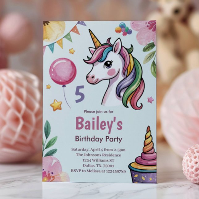 Convites Raparigas Cute Pastel Unicorn Crianças 5 Aniversár (Criador carregado)