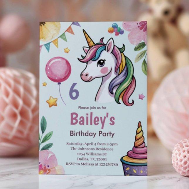 Convites Raparigas Cute Pastel Unicorn Crianças 6 Aniversár (Criador carregado)