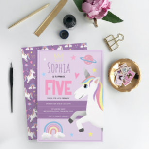 Convites Raparigas Cute Purple Unicorn 5 Birthday
