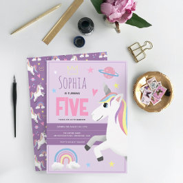 Convites Raparigas Cute Purple Unicorn 5 Birthday