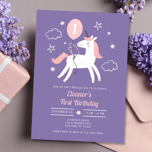 Convites Raparigas Cute Unicorn Rosa e Roxo Aniversário (Criador carregado)