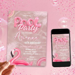 Convites Raparigas Editáveis Festa de Piscina Rosa Aniversá