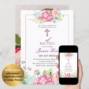 Convites Raparigas Floral BAUTIZO Bautismo Cruz Católica R