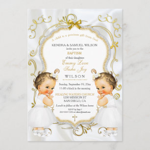 Convites Raparigas Gêmeas Batismo Christening Dourada Cruz
