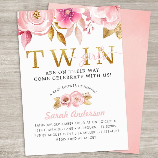 Convites Raparigas Gêmeas Leves Chá de fraldas Rosa Convida (Twin Girls Baby Shower Invite)