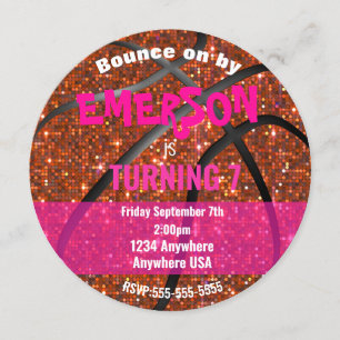 Convites Raparigas Glitter Basquete Aniversário, Bola Rosa