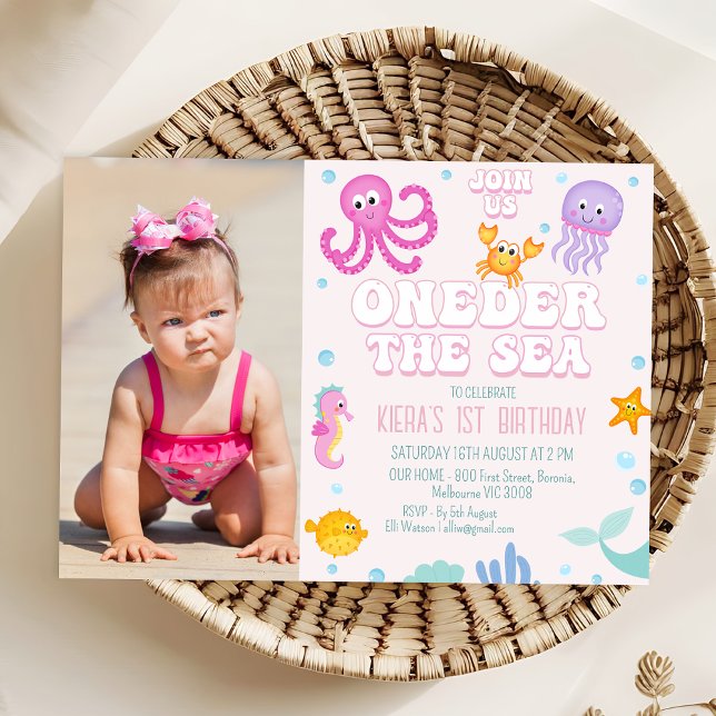 Convites Raparigas Pink Photo Deem o primeiro aniversario d (Photo Oneder the Sea 1st Birthday Invitation Template Girl, Pink Under The Sea 1st Birthday Invite)