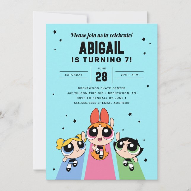 Convites Raparigas Powerpuff Aniversário - Azul (Frente)