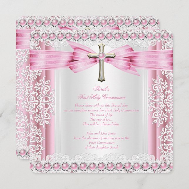 Convites Raparigas Primeira Comunhão Bonito Cor-de-rosa (Frente/Verso)