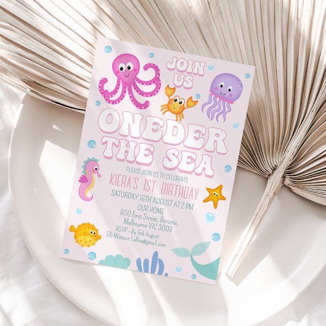 Convites Raparigas Retro Rosa Abaixo Do Mar Primeiro Aniver (Pink Oneder the Sea 1st Birthday Invitation Template Baby Girl Under Sea 1st Birthday Invitation)