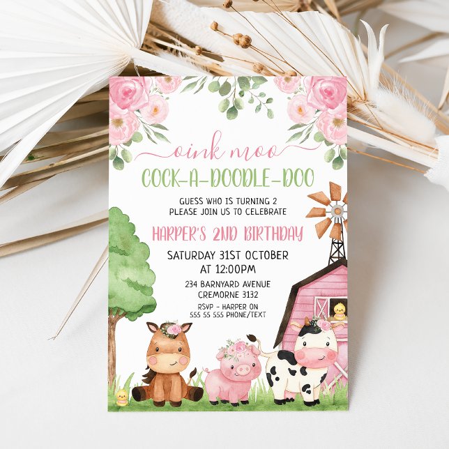 Convites Raparigas Rosa Animais da Fazenda Floral Barn Aniv (Any age, oink moo pink farm birthday invitation with cute animals, pink barn and pink flowers.)
