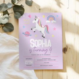 Convites Raparigas Roxo Garotas Unicorn Crianças 4º Anivers