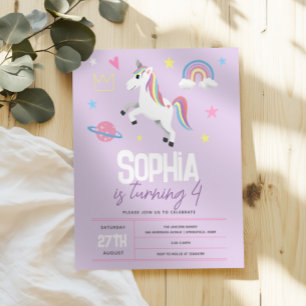 Convites Raparigas Roxo Garotas Unicorn Crianças 4º Anivers
